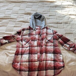 No Boundaries Red and Gray Plaid Hooded Shirt